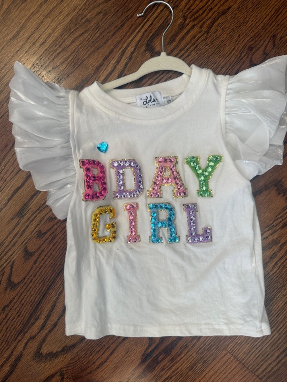 Lola + The Boys White "Bday Girl" Sequin Tee with Sheer Flutter Sleeves